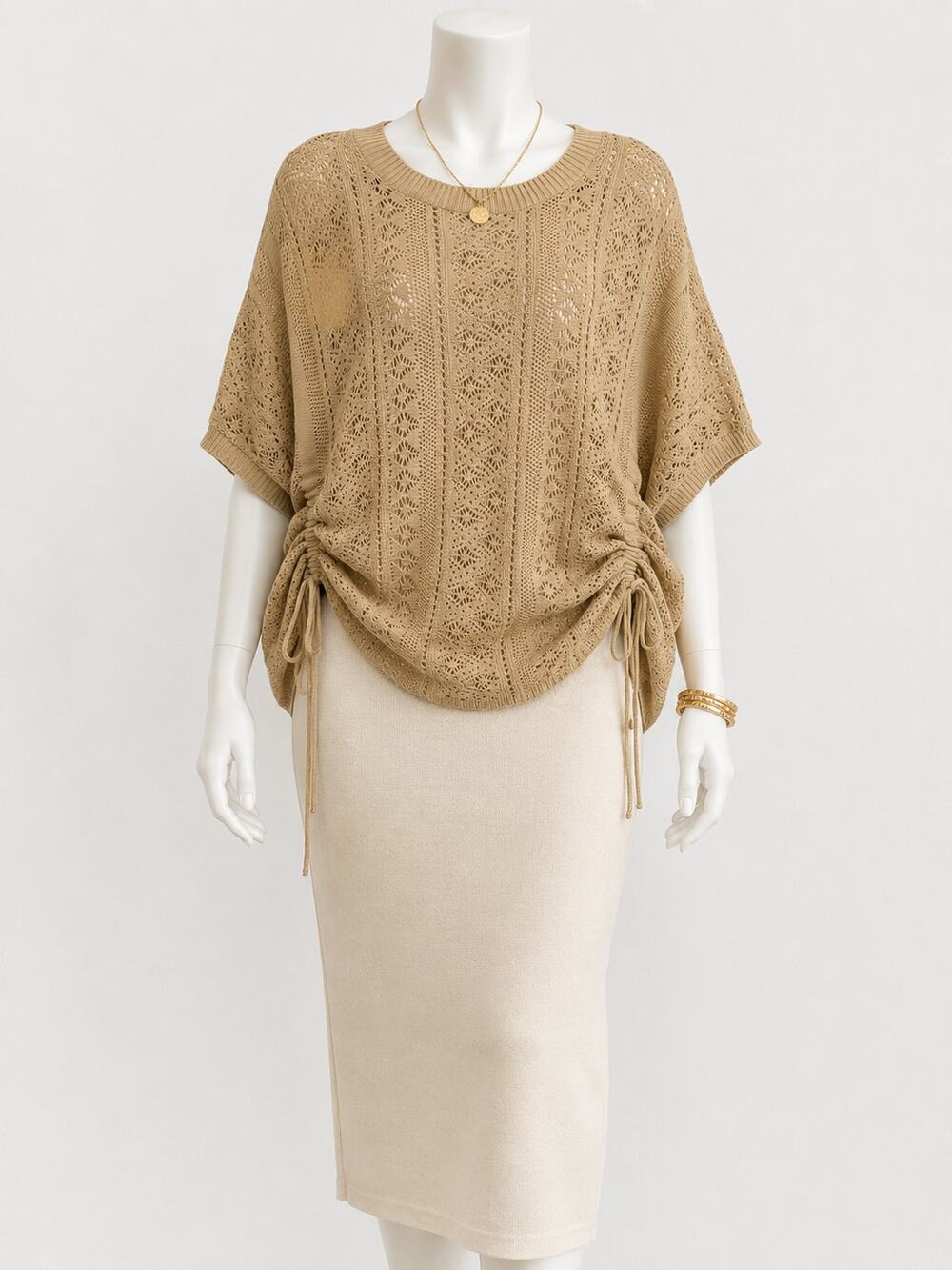 Open Knit Crochet Poncho Top Ruched Drawstring Boho Coastal Loop Est Large